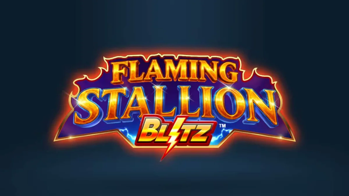 Tampilan layar permainan slot Flaming Stallion Blitz dengan kuda jantan biru menyala di latar belakang gurun