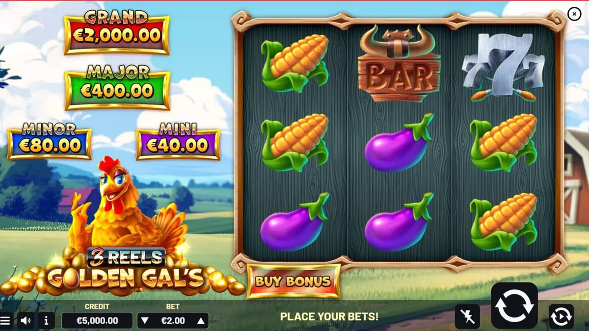 Tampilan visual slot Golden Gal’s 3 Reels dengan tema pertanian yang ceria